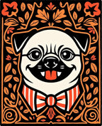Whimsical Pug Portrait Orange Floral Border Rug