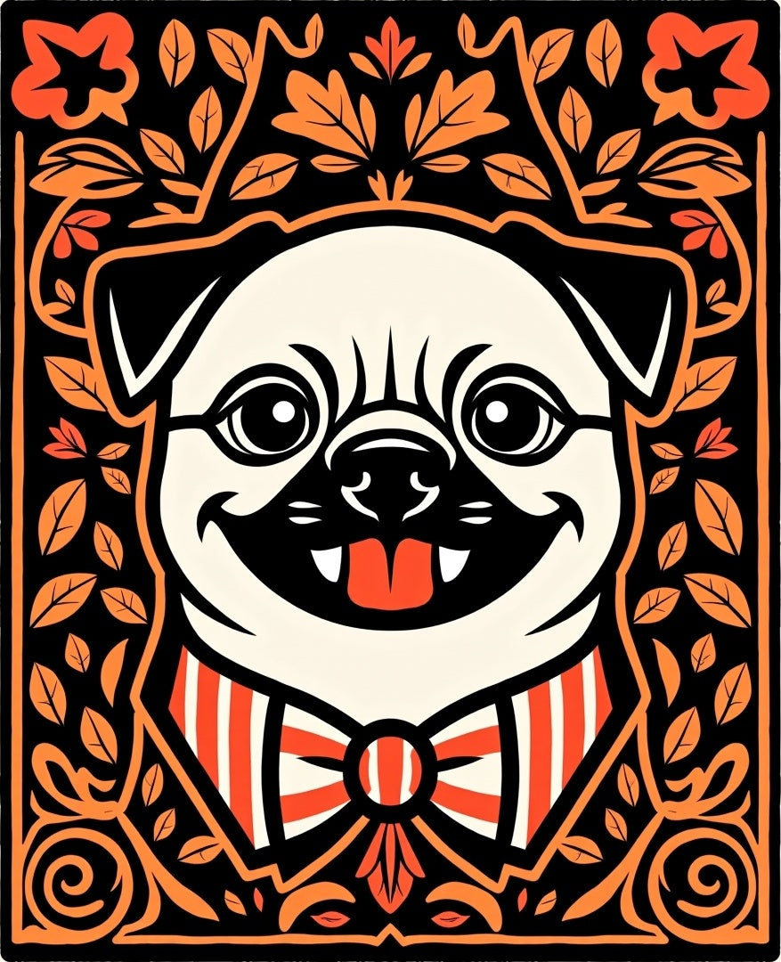 Whimsical Pug Portrait Orange Floral Border Rug