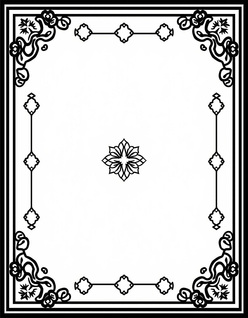 Ornate Floral Black and White Border Rug
