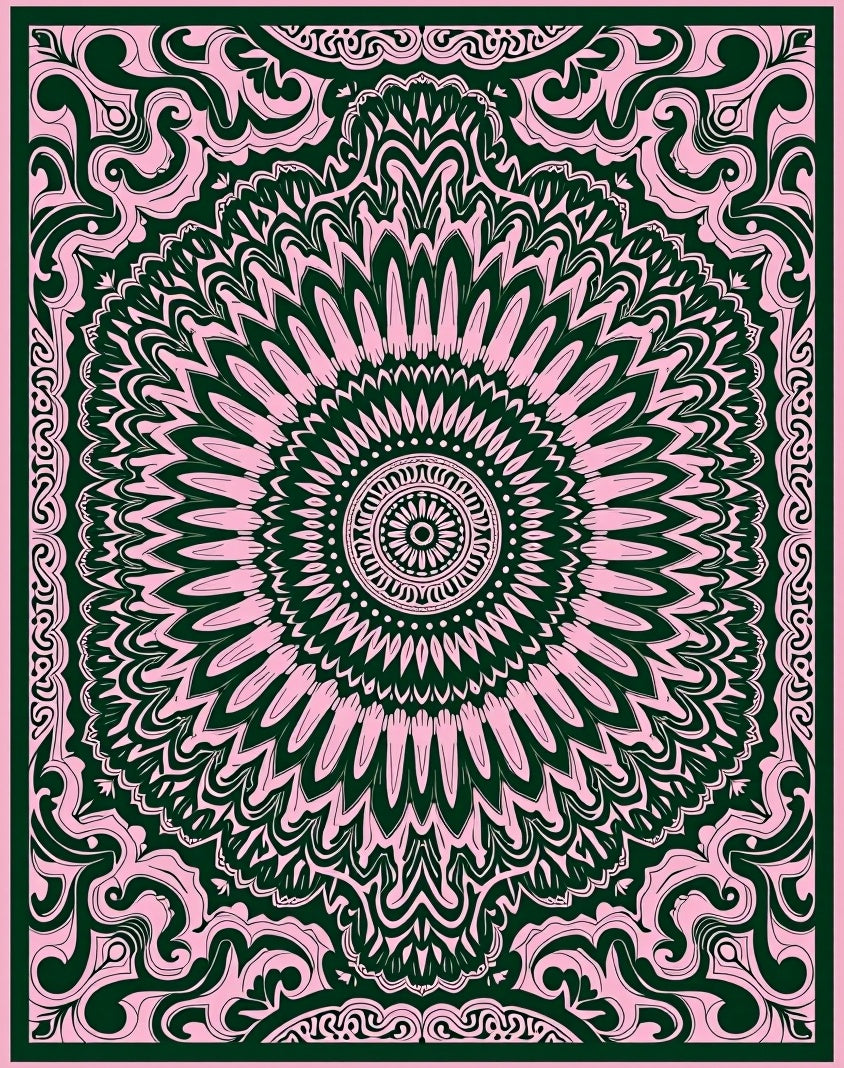 Pink and Forest Green Mandala Medallion Rug