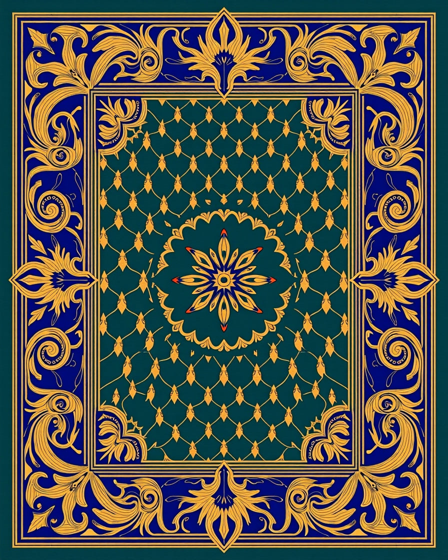 Elegant Blue Gold Floral Medallion Rug