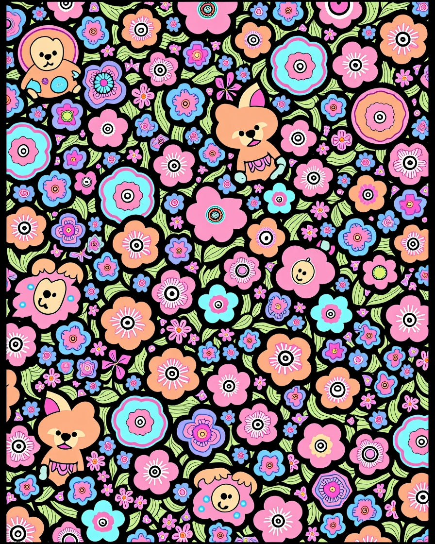 Whimsical Kawaii Floral Animal Collage Rug