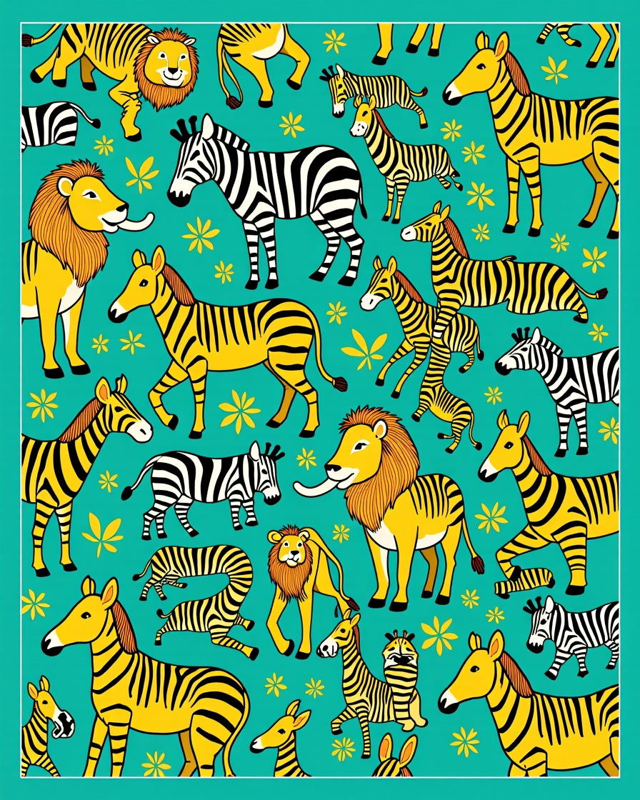 Teal Yellow Lion Zebra Jungle Creatures Rug