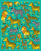 Teal Yellow Lion Zebra Jungle Creatures Rug