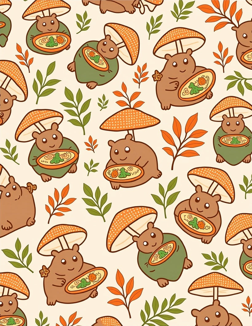 Chubby Mushroom Bear Autumn Leaves Bowl Rug