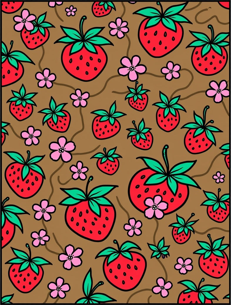 Whimsical Red Strawberry Pink Flower Garden Rug