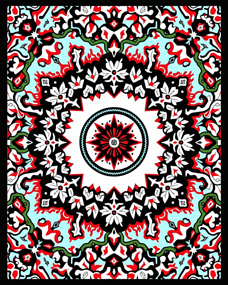 Vibrant Red Black Floral Medallion Symmetry Rug