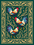 Emerald Green Rooster Floral Border Rug