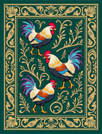 Emerald Green Rooster Floral Border Rug