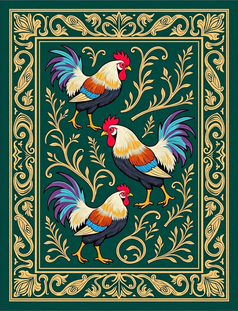 Emerald Green Rooster Floral Border Rug