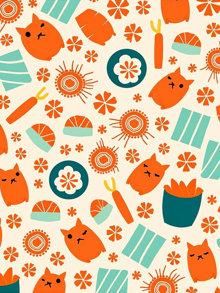 Orange Cat Sushi Floral Medallion Rug