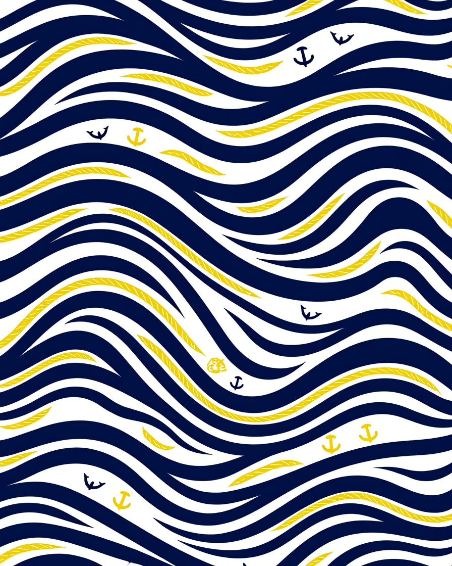 Navy Blue White Yellow Anchor Waves Rug