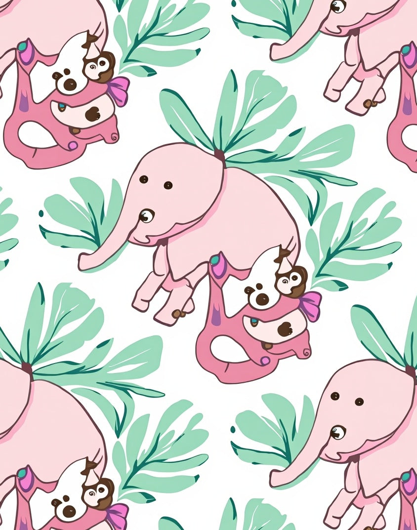 Pink Pastel Elephant Jungle Leaves Rug