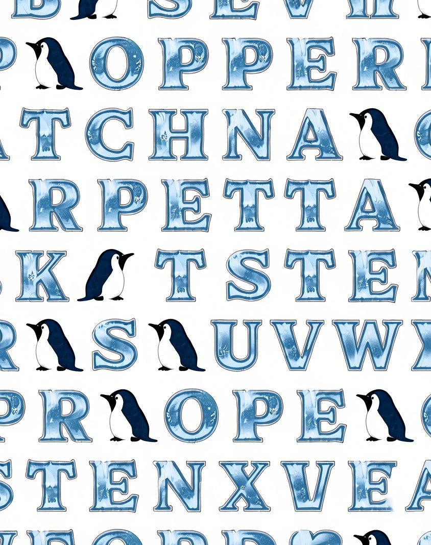 Blue Icy Alphabet Penguin Collage Rug