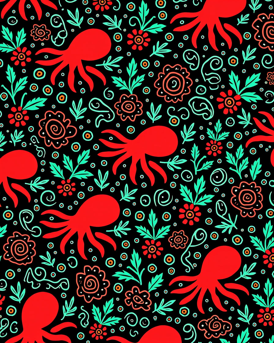 Red Octopus Floral Whimsical Folk Art Rug