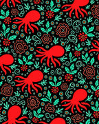 Red Octopus Floral Whimsical Folk Art Rug