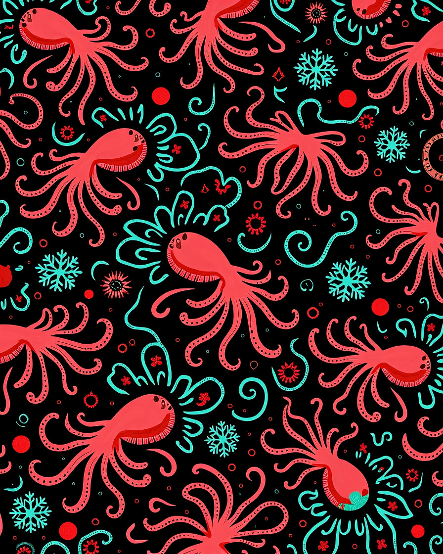 Coral Octopus Snowflake Swirl Black Rug