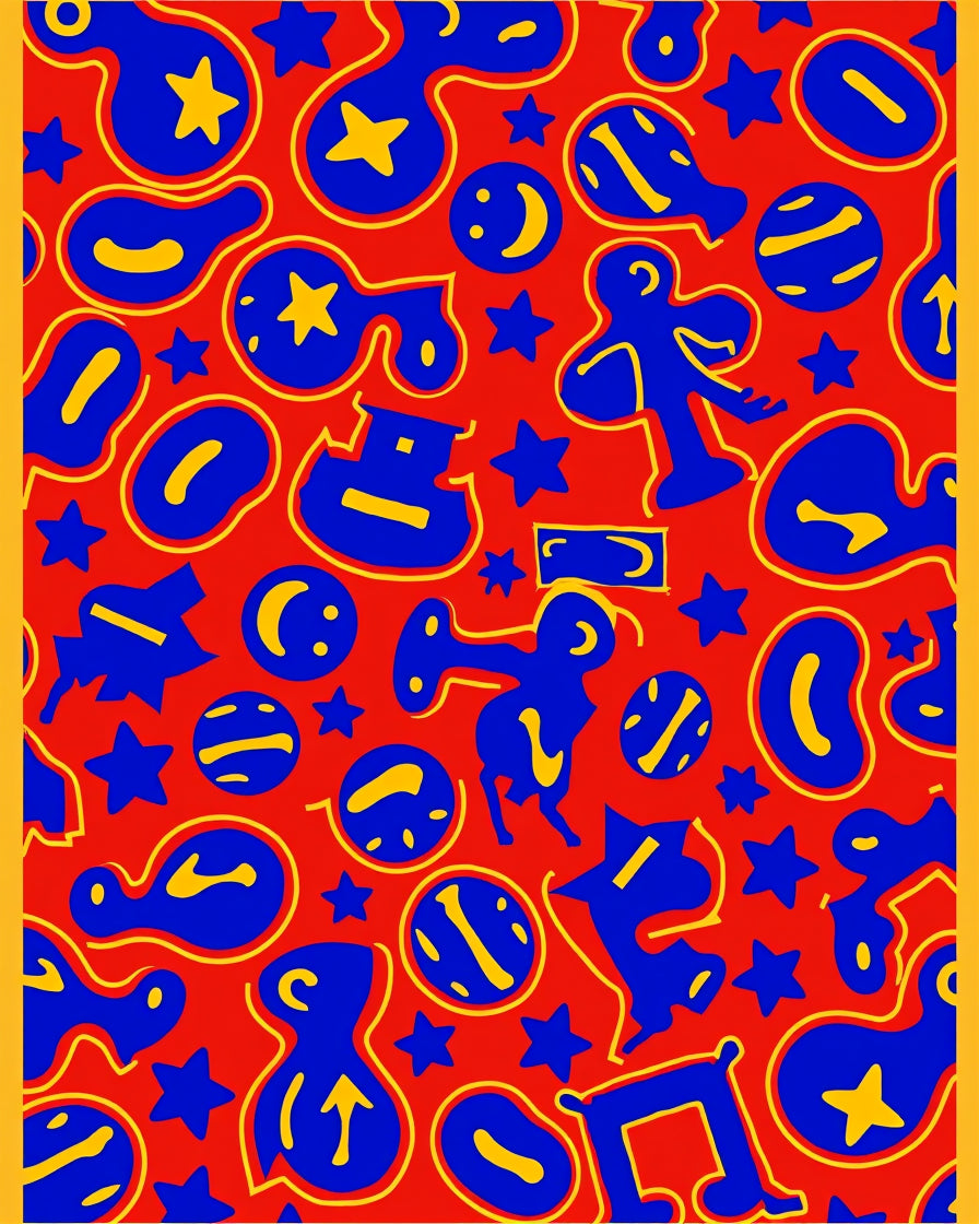 Red Abstract Blue Yellow Figural Stars Rug