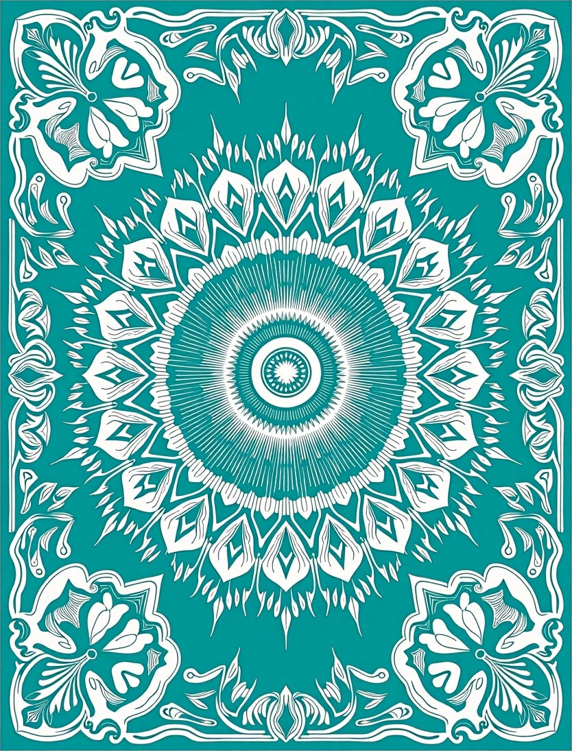 Teal White Intricate Floral Medallion Rug