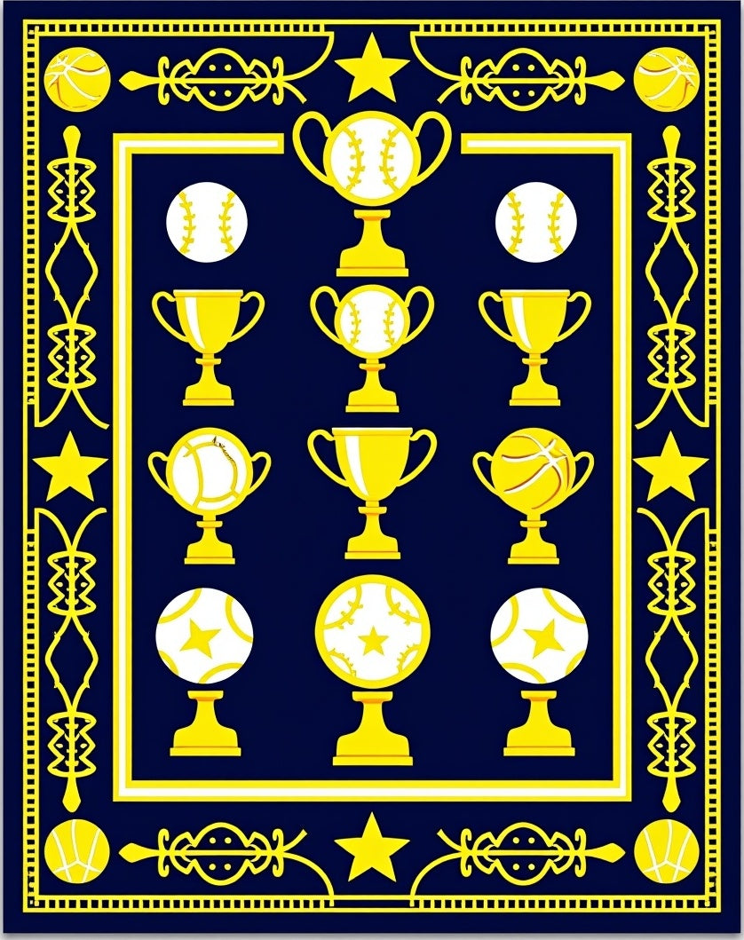 Golden Trophies Baseball Sports Navy Rug