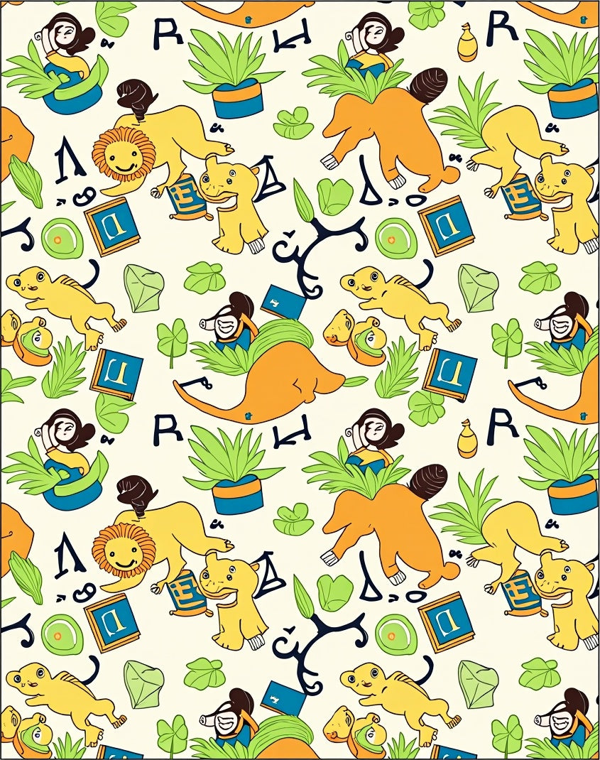 Whimsical Yellow Animals and Letters Rug