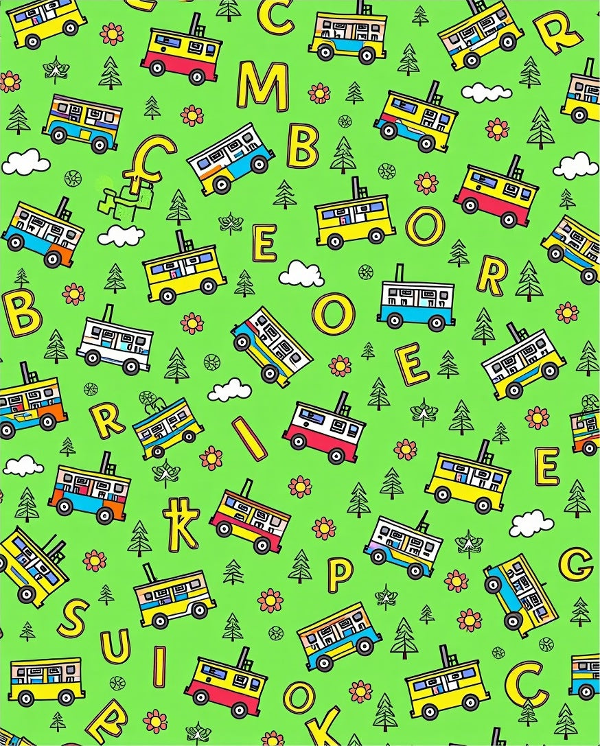 Whimsical Yellow Bus Alphabet Meadow Rug