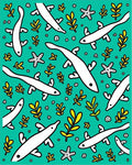 Whimsical White Fish Teal Coral Rug