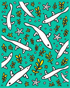 Whimsical White Fish Teal Coral Rug