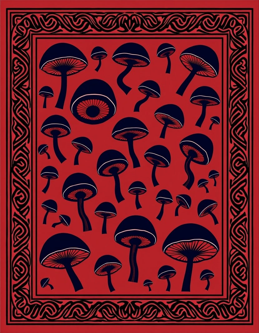 Red Black Mushroom Collage Border Rug