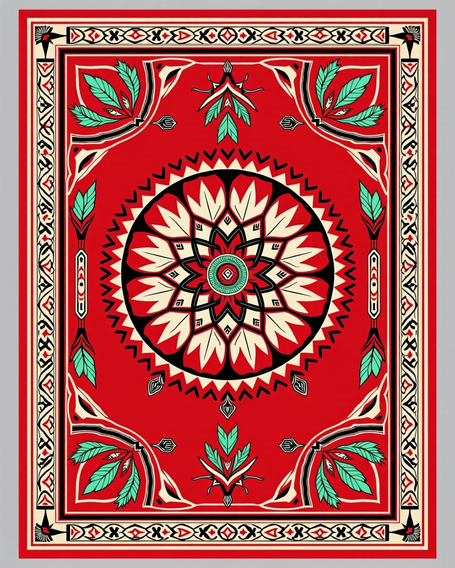 Bold Red Tribal Sun and Leaf Rug