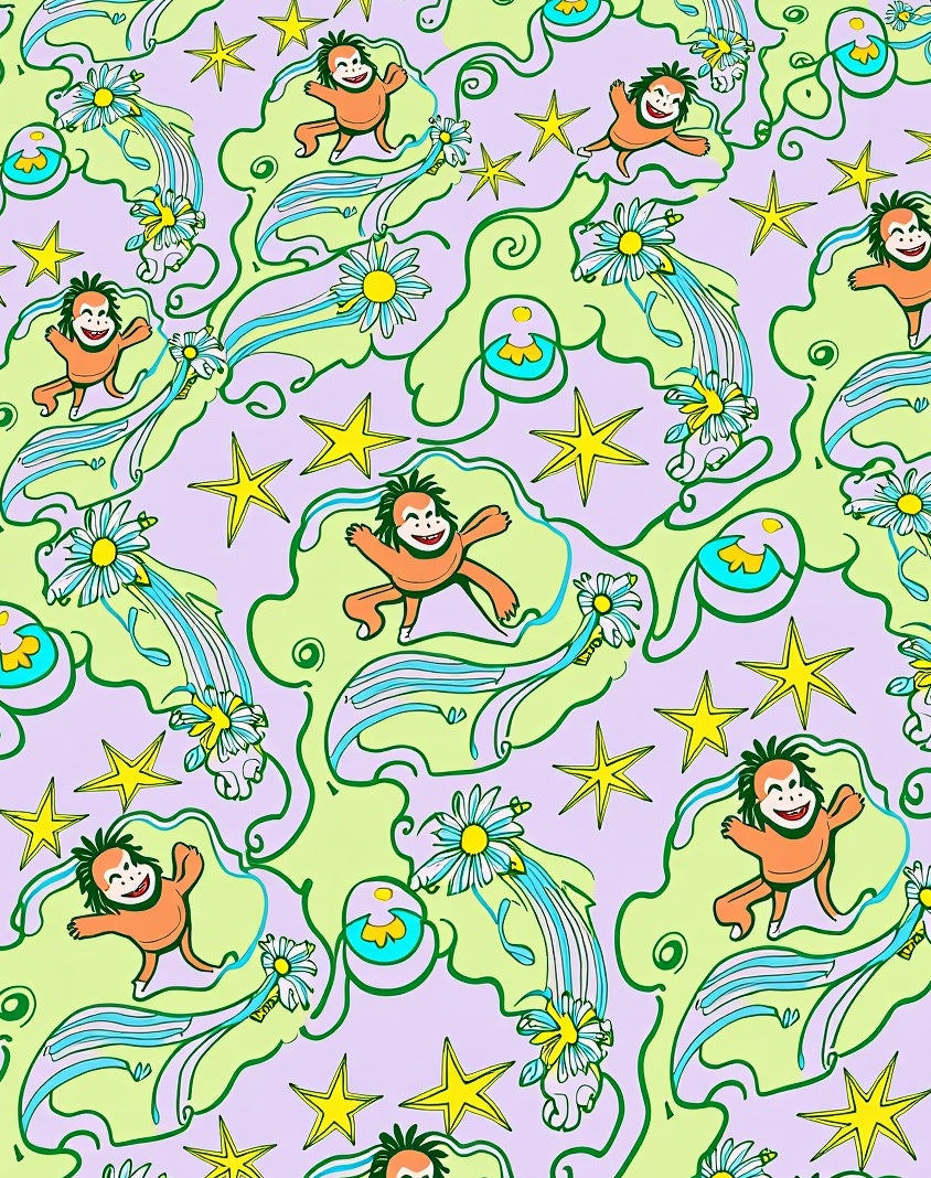 Whimsical Orange Monkeys Daisies Stars Rug
