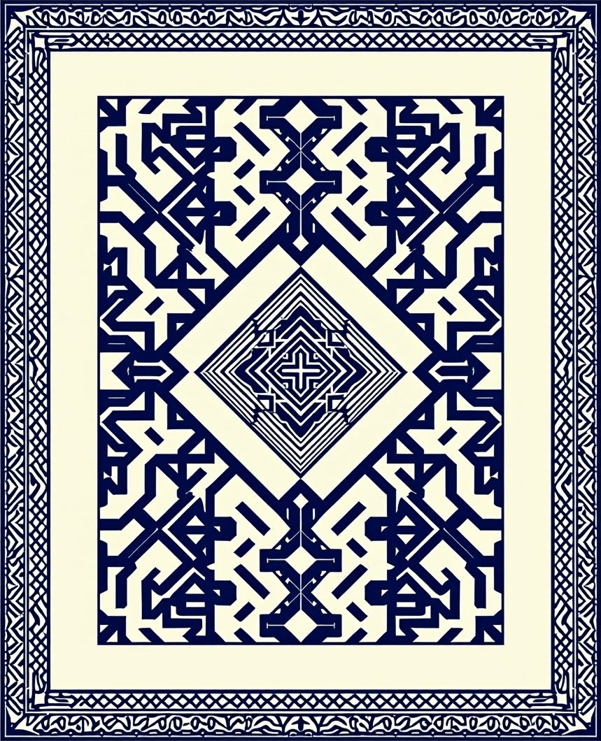 Navy Cream Geometric Diamond Motif Rug