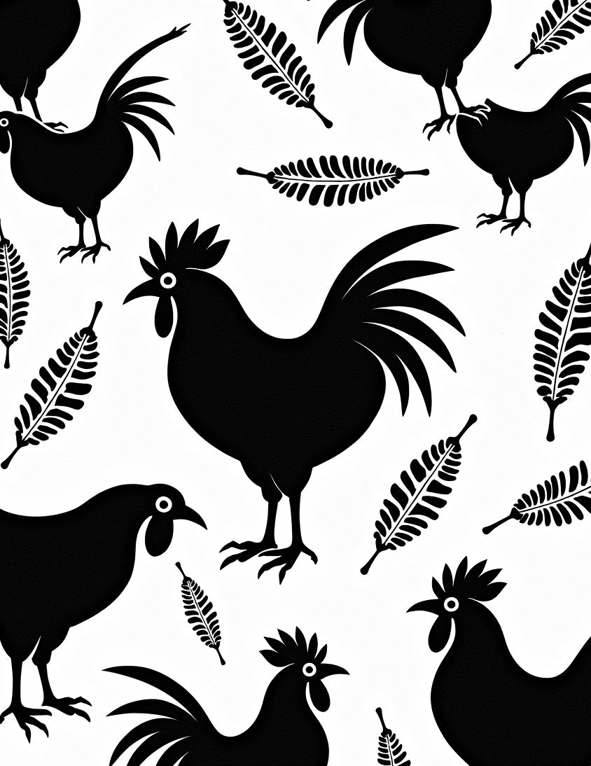 Black Rooster and Fern Silhouette Rug