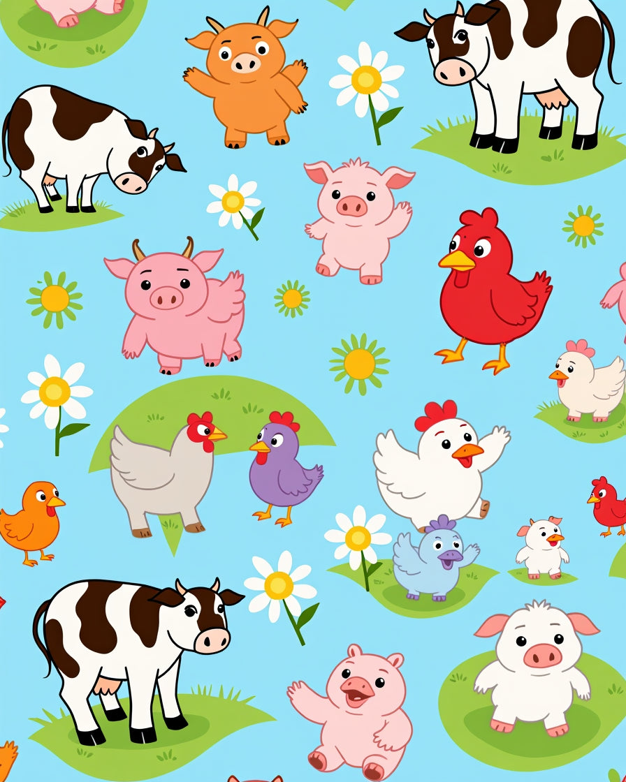 Farm Animals With Flowers On Blue Rug