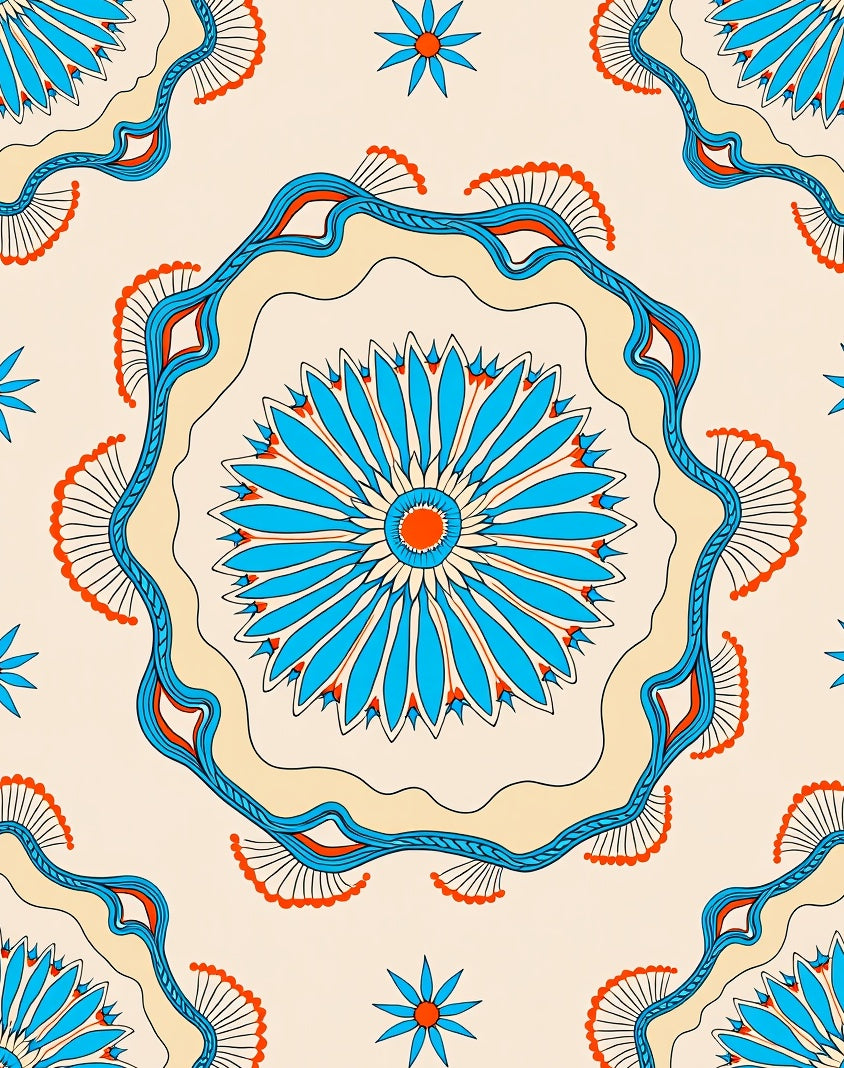 Vibrant Teal Orange Medallion Motif Rug