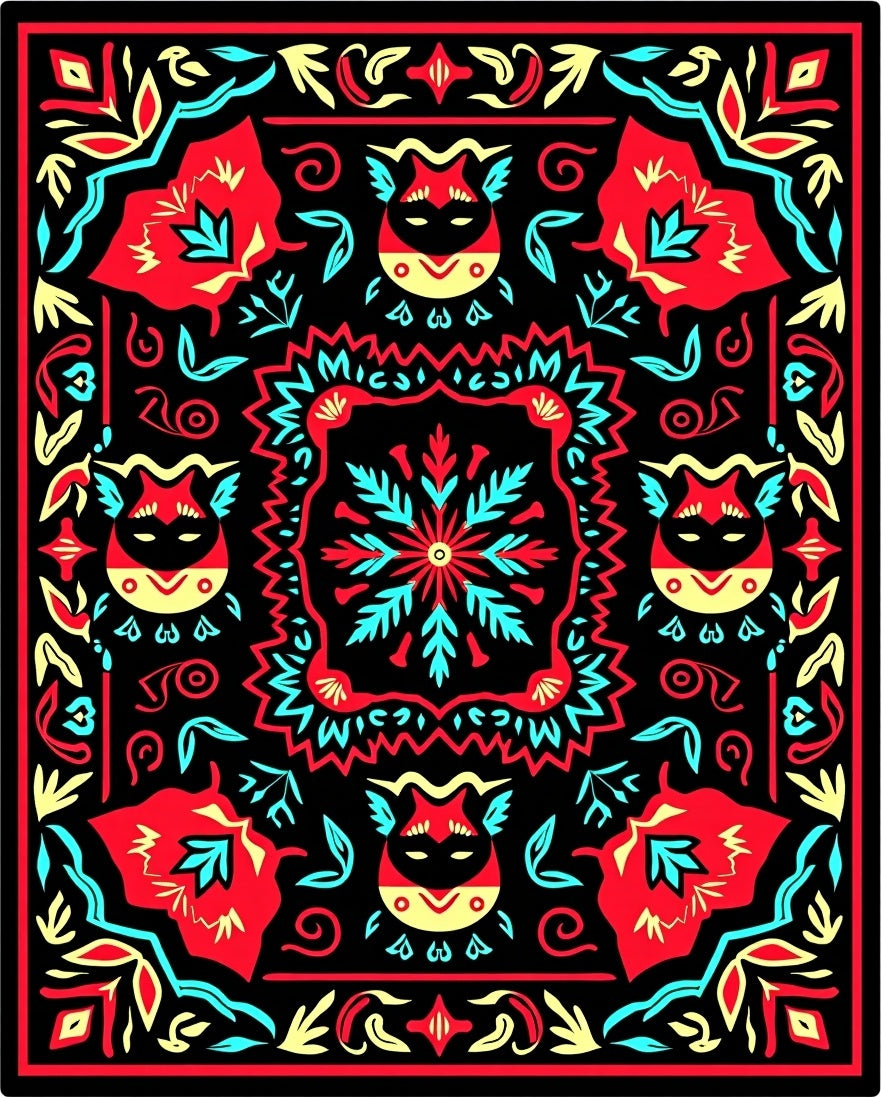 Red Yellow Blue Tribal Creatures Floral Rug