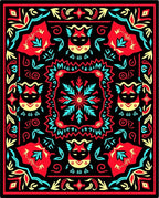 Red Yellow Blue Tribal Creatures Floral Rug