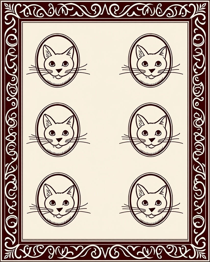 Dark Brown Cat Portraits Oval Border Rug
