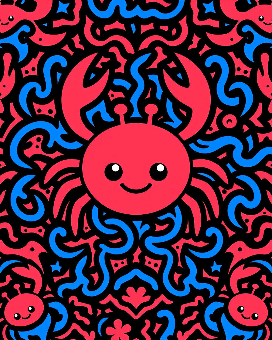 Whimsical Red Blue Crab Swirls Rug
