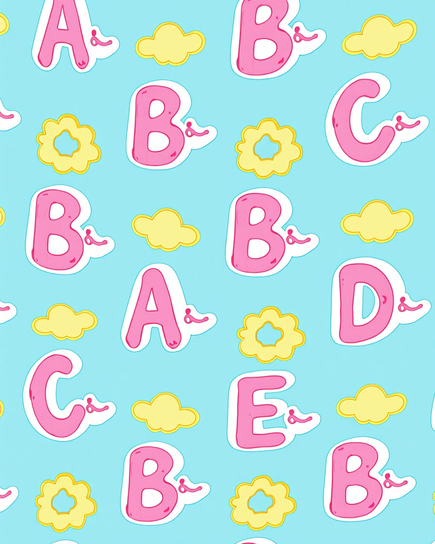 Pink Alphabet Clouds Blue Background Rug