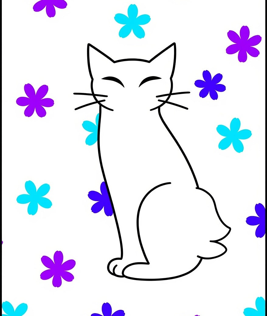 Whimsical White Cat Purple Blue Flowers Rug