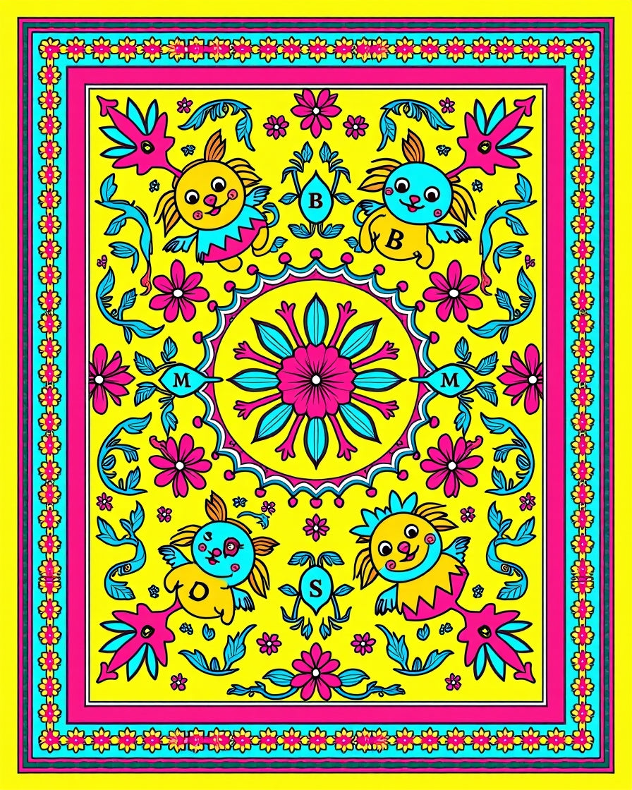 Vibrant Yellow Whimsical Creatures Floral Rug