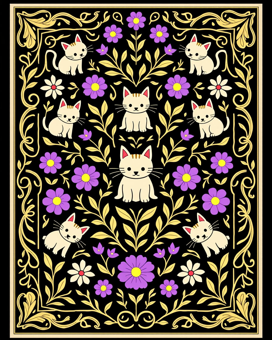 Whimsical Black Cats Purple Floral Garden Rug