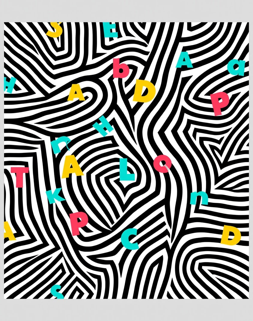 Colorful Alphabet Black White Swirl Rug