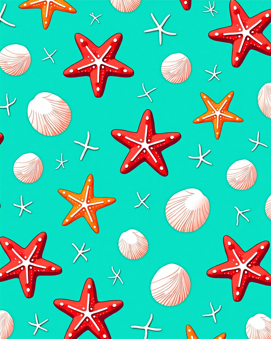 Red Orange Starfish Seashell Collection Rug