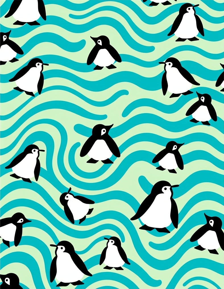 Playful Penguins on Teal Waves Rug