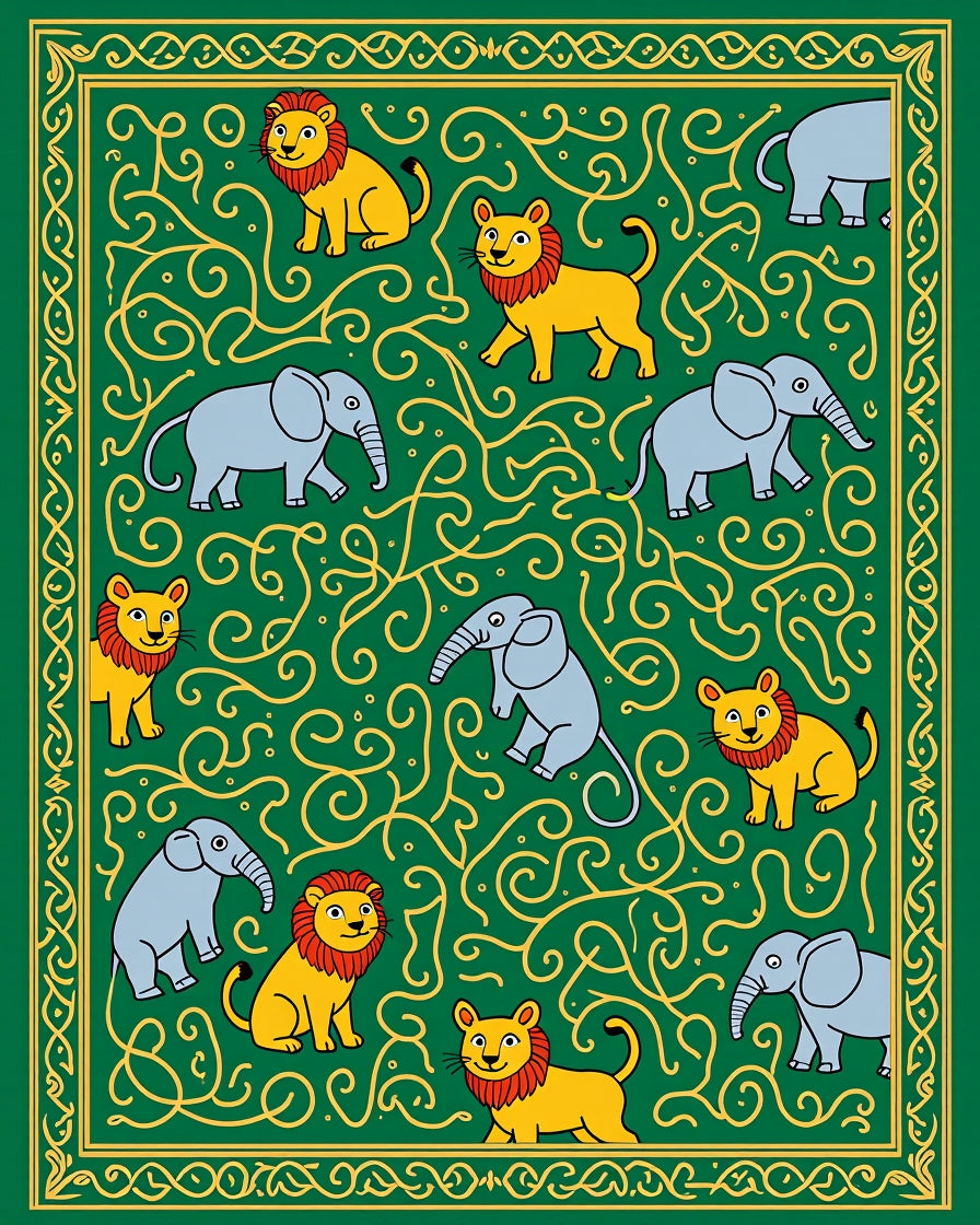 Emerald Green Lion Elephant Swirls Rug