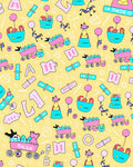 Whimsical Pink Blue Yellow Character Train Rug