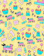 Whimsical Pink Blue Yellow Character Train Rug