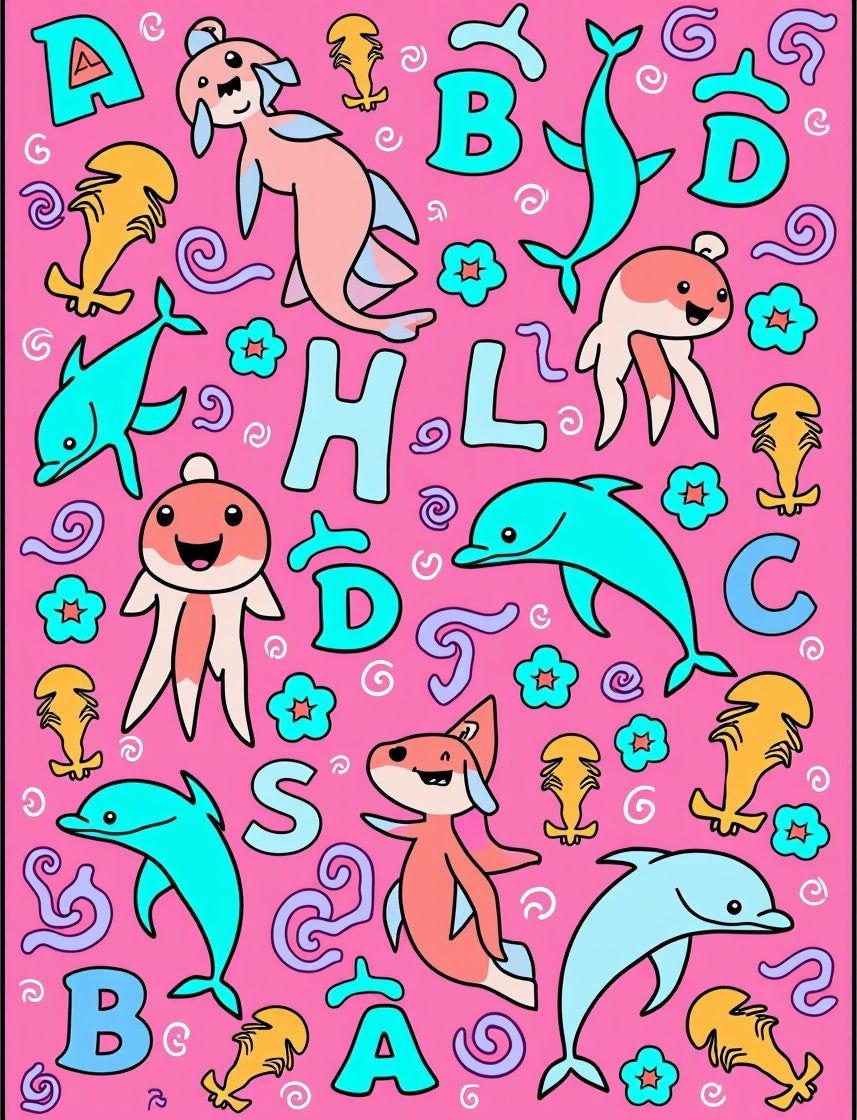Pink Whimsical Sea Creatures Alphabet Rug